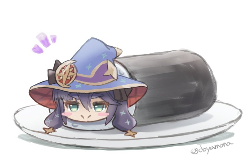 mona (genshin impact) 1girl plate hat witch hat food solo sushi  illustration images