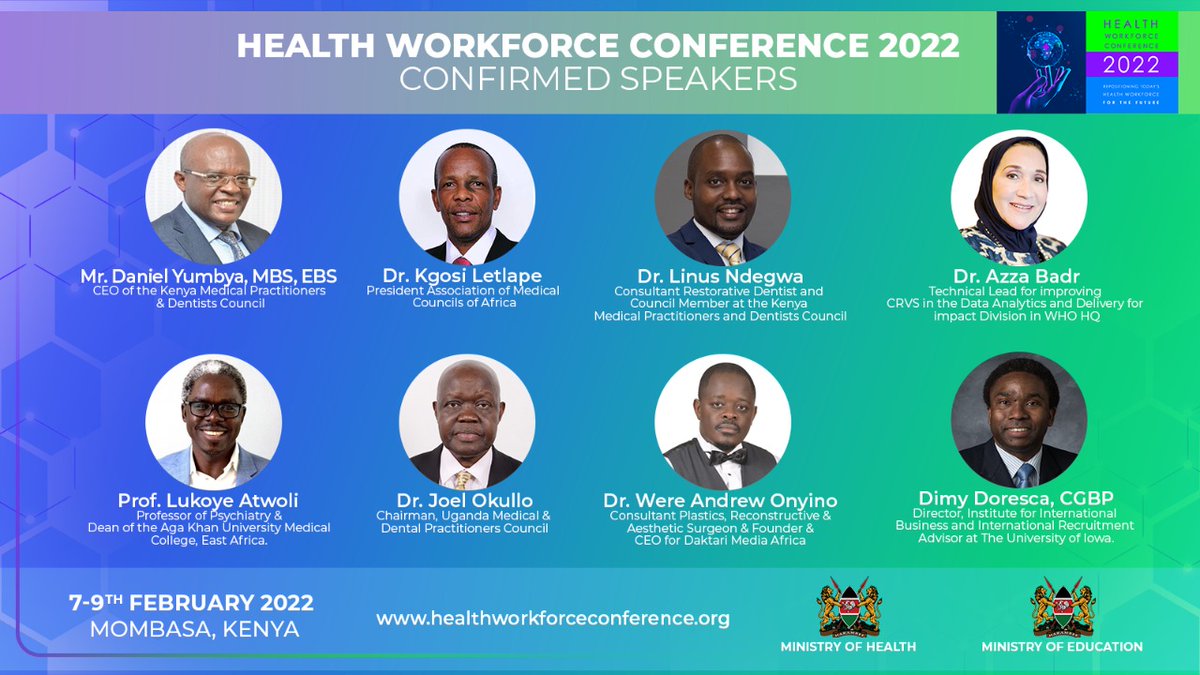 hwc2022's tweet photo. The inaugural International Health Workforce Confrence is less than 3 days away.
#HWC2022  
@MOH_Kenya @KmpdcOfficial  @EduMinKenya @coc_ke @Amref_Kenya @NCKenya @nhifkenya @ppbkenya @kutrrh @KenyaMedics_KMA https://t.co/OUdueR5dZp