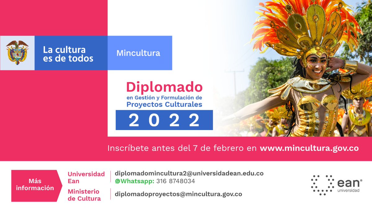adrpad's tweet image. Aprende y certifícate en Gestión y Formulación de Proyectos Culturales 2022 con los mejores de @mincultura y @UniversidadEan.

Inscripciones gratuitas hasta el próximo lunes 7 de febrero
👇
 bit.ly/3rf8CGT

#CulturaParaElDesarrollo