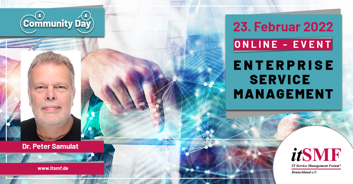 Erfahren Sie im heutigen Spotlight zum itSMF Community Day am 23. Februar 2022 ab 15:00 Uhr mehr über „Enterprise Service Management“ und dem Referenten des ersten SLOTs Dr. Peter Samulat.
#CommunityDay #ESP #ITIL #ITSM #itSMF #itSMFeV #Service

itsmf.blog/spotlight-1-co…