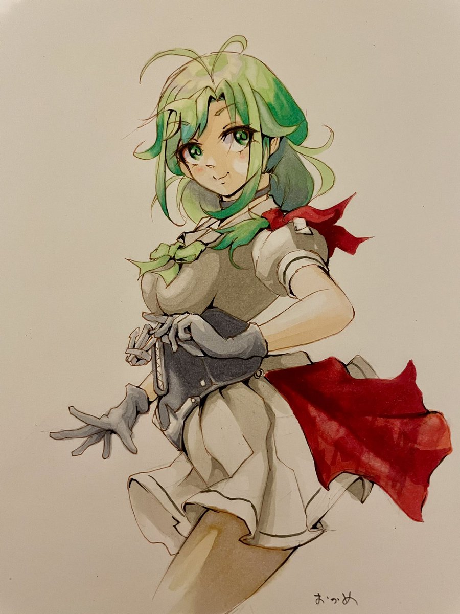 1girl solo green hair gloves skirt sailor collar green eyes  illustration images
