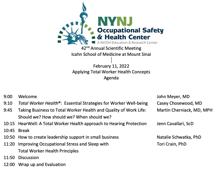 NYNJERC's tweet photo. Register for our Annual Scientific Meeting on Total Worker Health. Casey Chosewood from @NIOSH 
 is one of our presenters. February 11, 9 AM-12 noon (ET). Register here: https://t.co/m9Qb5uX47b 
@NIOSH_TWH https://t.co/GZKm6EjOiL