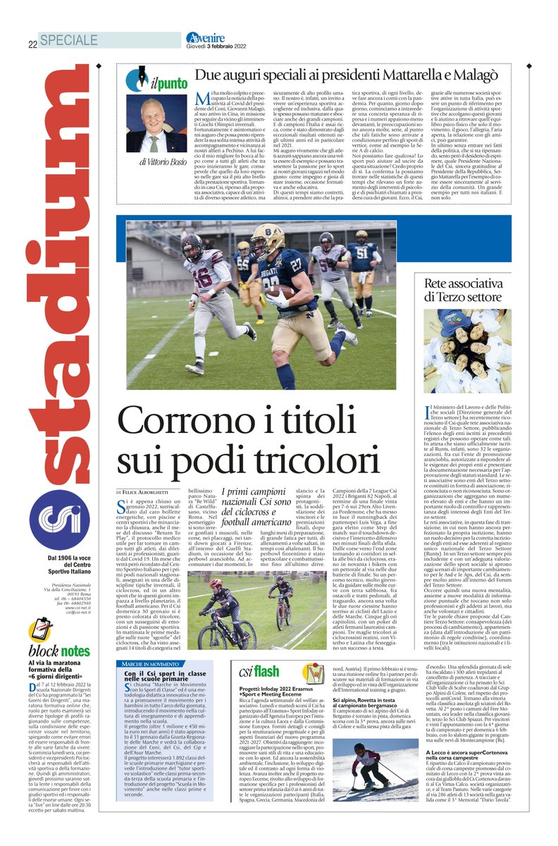 CSInazionale's tweet photo. Nella pagina #Stadium su @Avvenire_Nei di oggi #3febbraio
✔ Corrono i titoli sui podi tricolori
✔ Progetti: #Infoday2022 e Meeting #Eeceme @EUErasmusPlus
✔ Al via la maratona formativa della «6 giorni dirigenti»
LEGGILA QUI 👉 https://t.co/tF2lCoVmao https://t.co/Xx1dyyqjWd