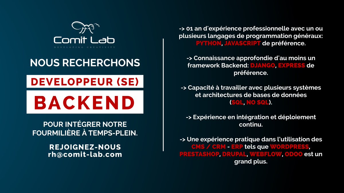 LabComit's tweet photo. Êtes-vous passionnés par ce que vous faites?
Savez-vous travailler en équipe?
Est-ce que vous aimez les défis? Vous voulez évoluer? Apprendre ... Plus (+) ?
Postulez vite en envoyant votre CV et portfolio sur rh@comit-lab.com https://t.co/sSJQU7lhIy