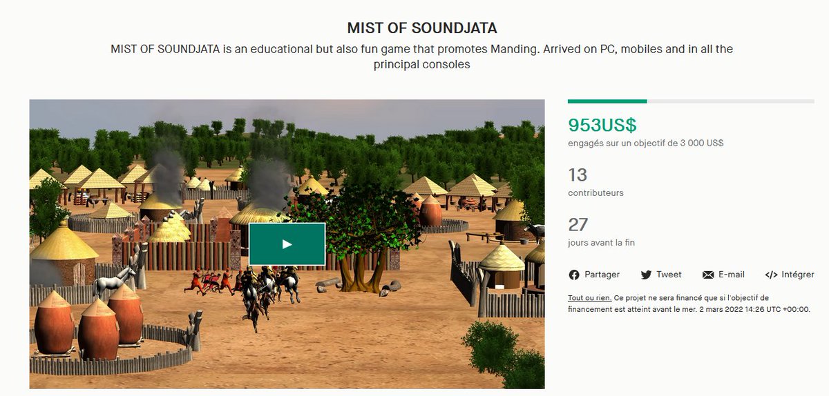 We reached 31% of the amount in 48 hours.
Long live African history  #kickstarter #MISTOFSOUNDJATA 
☑️bit.ly/3m5XcSR
<a href="/GyansGames/">Gyan's Games</a>
#indieGame #indieGames #indiedev #IndieGameDev #lowpoly #indiewatch #indieGameTrends #indiegaming #gamedev #crowdfunding #crowdfund