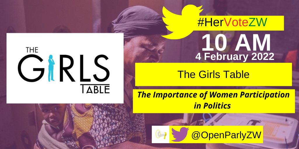 Open Parly ZW (@openparlyzw) on Twitter photo Don't miss out tomorrow on #HerVoteZW as we host <a href="/table_girls/">TheGirlsTable</a> at 10am .The Importance of Women Participation in Politics #ElectionsZW #OpenParlyZW Don't miss out tomorrow on #HerVoteZW as we host <a href="/table_girls/">TheGirlsTable</a> at 10am .The Importance of Women Participation in Politics #ElectionsZW #OpenParlyZW