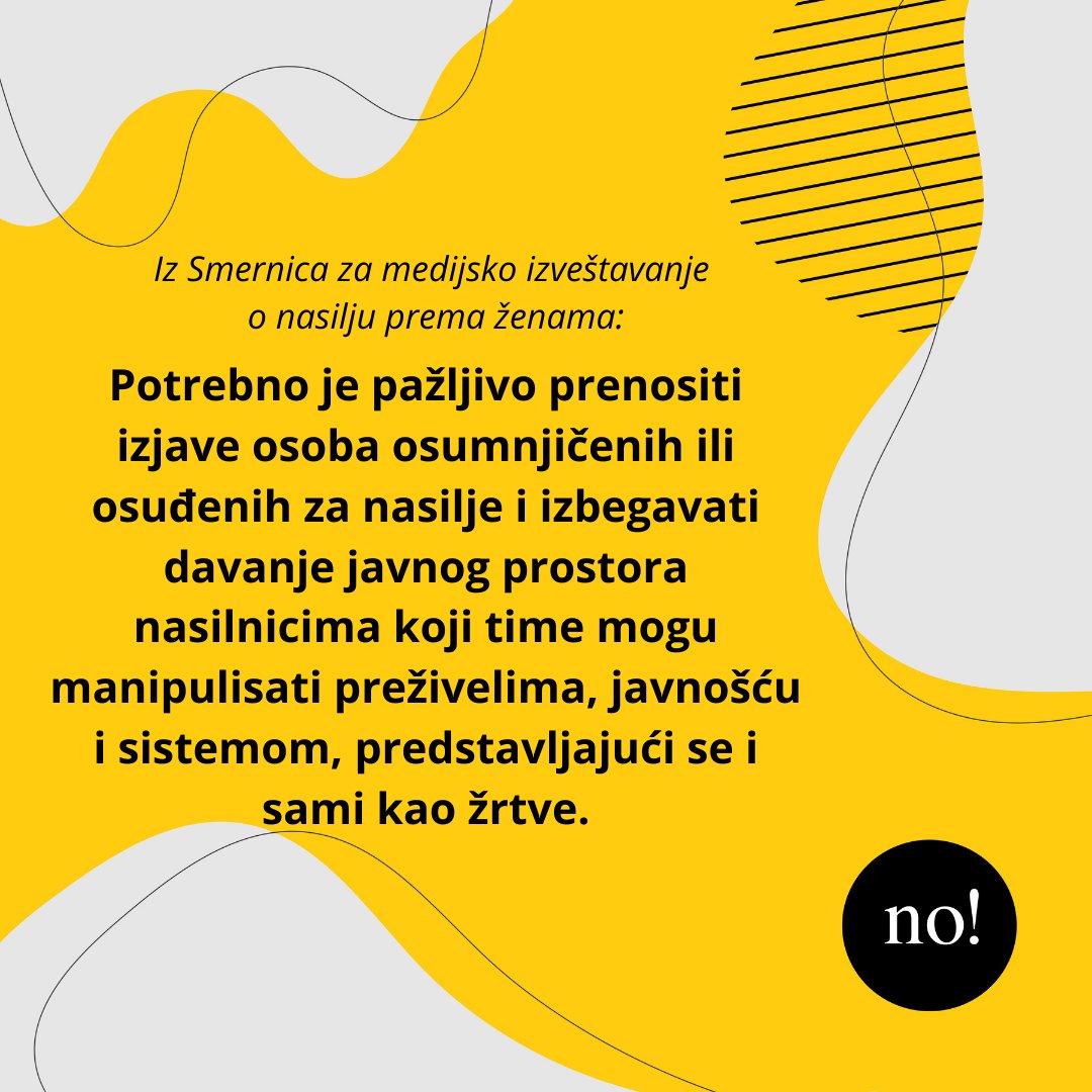 ❗️U svetlu aktuelnih izveštavanja sa suđenja Miroslavu Aleksiću, grupa <a href="/novinarke/">NovinarkeProtivNasilja</a> podseća svoje koleginice i kolege na Smernice za medijsko izveštavanje o nasilju nad ženama, i to posebno na stavku koja se odnosi na izjave osumnjičenih: