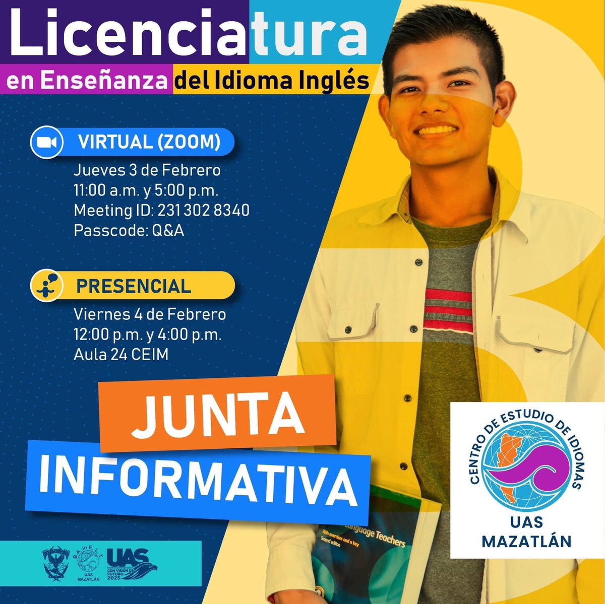 BA_in_ELT's tweet photo. ¡Descubre lo que puedes lograr con nuestro programa!

Hoy Virtual: 3 de Febrero 11 am y 5 pm
#Mazatlan
#IdiomasUAS 
#EstudiosSuperiores
#UASMazatlán
#TeachersInProgress https://t.co/G4n6Mxxjjz