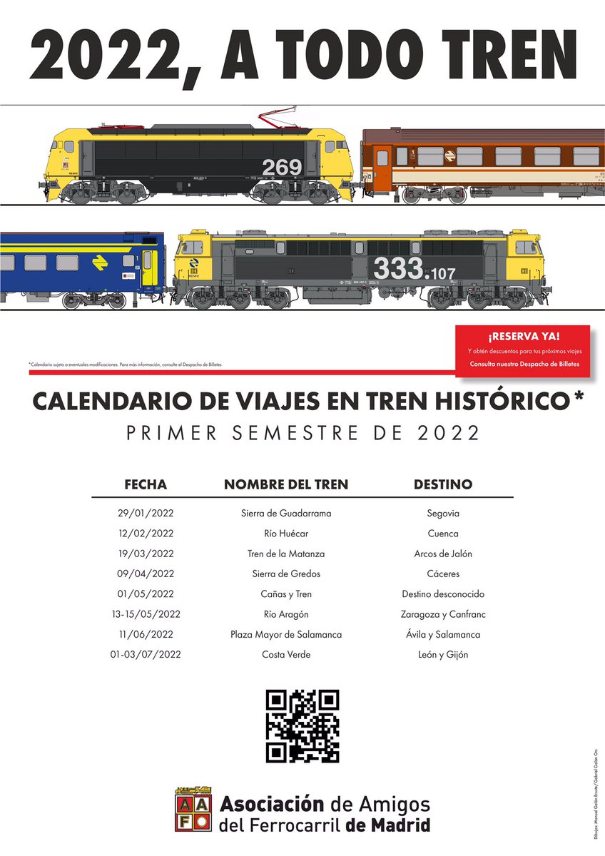 AAFMadrid's tweet photo. Se vienen unos meses cargados de circulaciones de trenes históricos… ¡y nosotros abriremos en breves la venta de los próximos en nuestro calendario! Permaneced atentos a nuestra web y perfiles de RRSS… 😉

¡Id marcando vuestros calendarios las siguientes fechas! ⬇️ https://t.co/LUu8iW7ik8