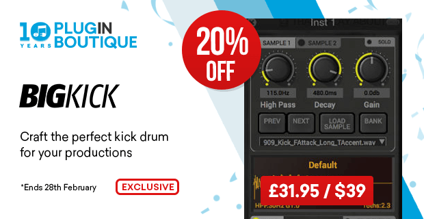 BassMusique's tweet photo. Craft the perfect kick drum for your productions with BigKick and save 20% in the Plugin Boutique 10th anniversary sale. Buy now for only £31.95 / $39!

Your exclusive link

How many hours have you wasted searching through samples for the right kick?

https://t.co/93yihdcT19 https://t.co/AX77sHS7d2