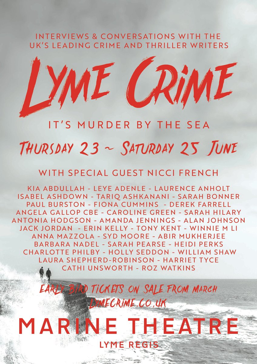 Delighted to finally announce our stellar line-up for Lyme Crime! Can’t wait to welcome <a href="/frenchnicci/">Nicci French</a>, @philbywrites, <a href="/sarah_hilary/">Sarah Hilary</a>, <a href="/kiaabdullah/">Kia Abdullah</a>, <a href="/anna_mazz/">Anna Mazzola - Updates only.</a>, @mandajennings, <a href="/FionaAnnCummins/">Fiona Cummins</a>, <a href="/radiomukhers/">Abir Mukherjee</a> &amp; many more to sunny Dorset 23-25 June!