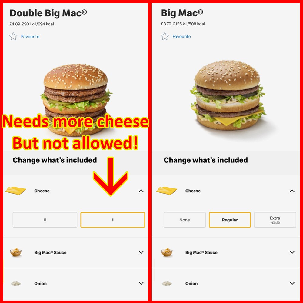 AlanHart's tweet image. Hey @McDonaldsUK ... Why can't we customise the Double #BigMac? It was well documented last year that 1 slice of cheese wasn't enough, so we "hacked" it to add more cheese. This time around you ignored the extra cheese plea and now you won't even let us add more!? 😠 #notlovingit