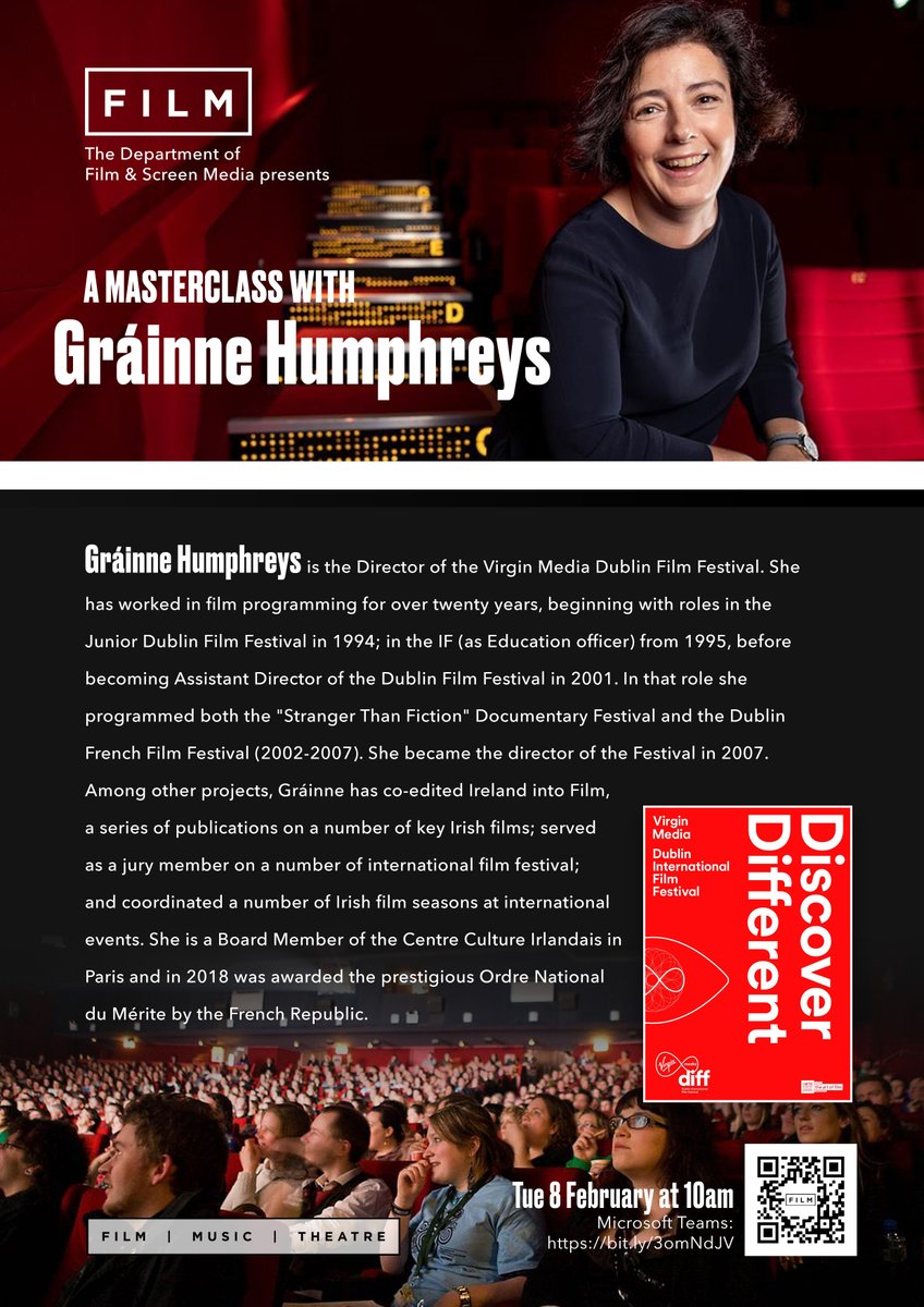 Our next masterclass in the series is with Gráinne Humphreys Director of <a href="/DublinFilmFest/">Dublin International Film Festival</a> All welcome. Direct MSTeams link: bit.ly/3omNdJV
<a href="/ucccreates/">UCC School of Film, Music & Theatre</a> <a href="/CACSSS1/">UCC Arts, Celtic Studies and Social Sciences</a> <a href="/Scannain_com/">Scannain</a> <a href="/CorkFilmFest/">Cork International Film Festival</a> <a href="/FastnetFilmFest/">Fastnet Film Festival</a> <a href="/TriskelCork/">Triskel Arts Centre</a> <a href="/yaycork/">Yay Cork</a> <a href="/whazoncork/">whaZonCork</a> <a href="/echolivecork/">EchoLive.ie</a> <a href="/EnglishUCC/">English UCC</a>
