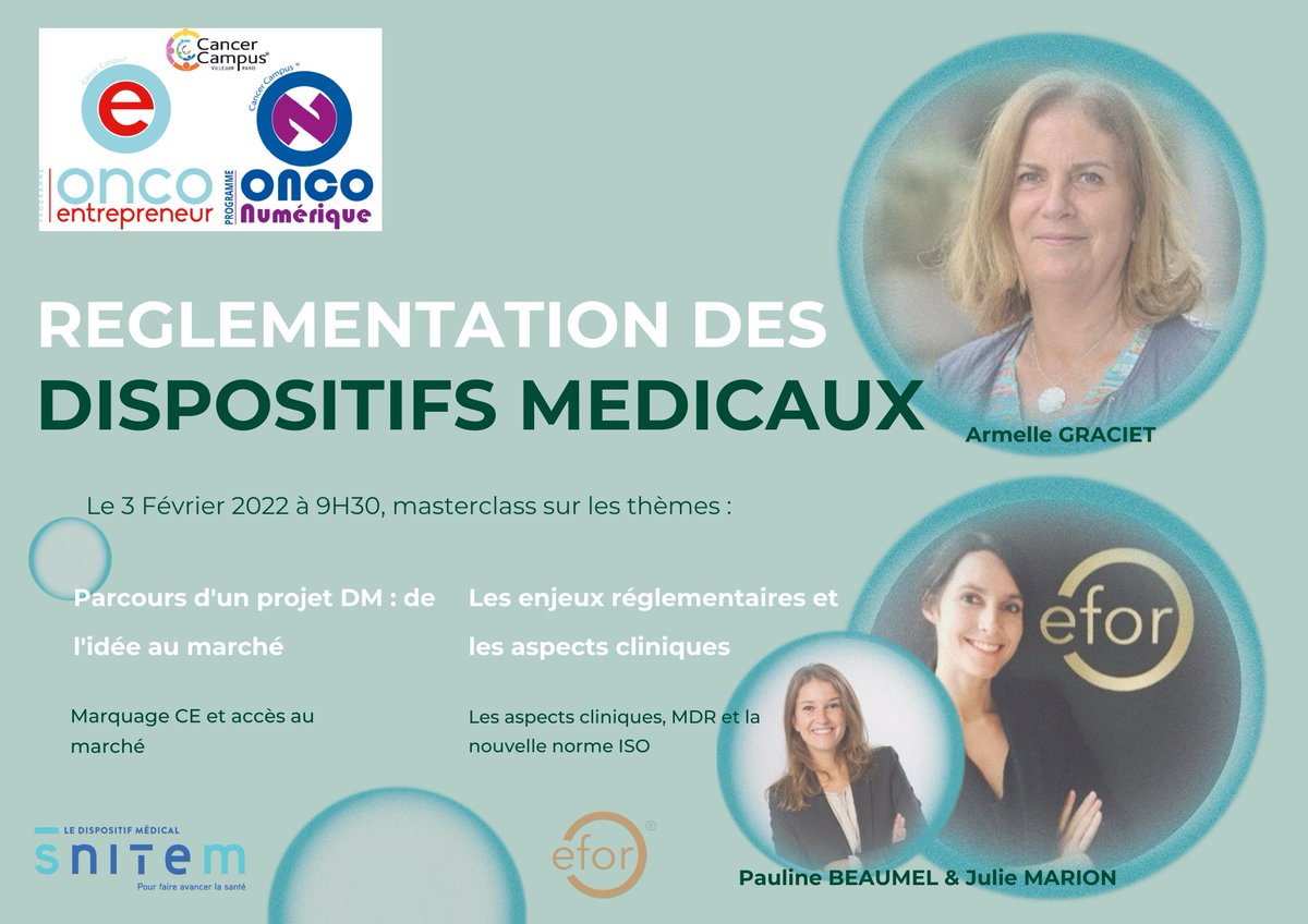Ce matin, Armelle Graciet du <a href="/SnitemDM/">SnitemDM</a> , Julie Marion et Pauline Beaumel de l'EFOR ont brillamment animé une masterclass sur la réglementation et l'aspect clinique des dispositifs médicaux.

<a href="/CancerCampus/">Cancer Campus</a> <a href="/OncoStart/">OncoSTART</a>  #MEDTECH  #startup