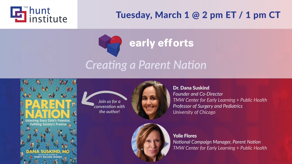 DanWuori's tweet photo. The countdown has begun to the April release of @DrDanaSuskind’s brilliant new book, Parent Nation. On March 1 (2pm EST) she’ll join us on @Hunt_Institute’s Early Efforts broadcast to discuss it. Don’t miss out… Register now at: https://t.co/JKNmFyMhkU @duttonbooks @tmwcenter https://t.co/PQjtFw6QfU