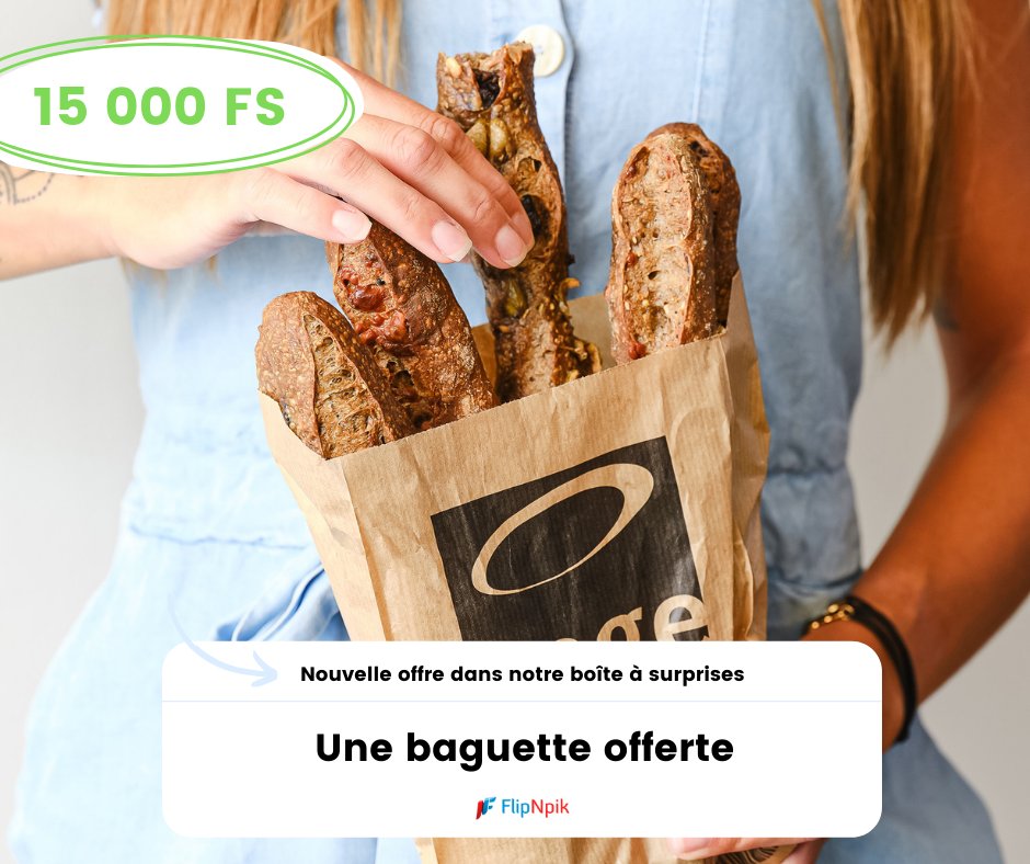 Hello, FlipNpik community! 🤗 
We're pleased to bring you a new offer in our surprise box 🎁 in partnership with Boulangerie Ange . The bakery offers you a baguette 😍 The offer is available to all FlipNpik app users! 😍
👉️ facebook.com/application.fl…