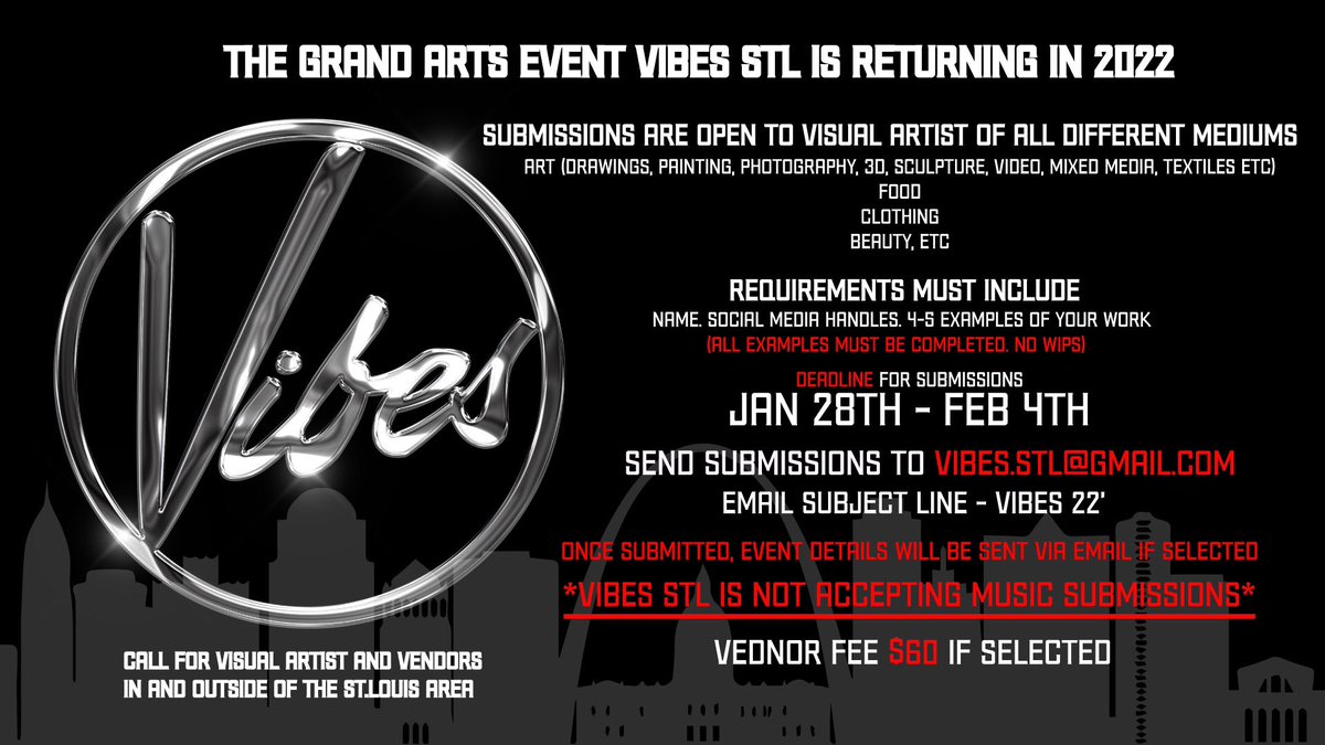 rellBRODIE's tweet photo. Today is the final day to submit for @VIBESSTL !!!! Still time to get your submissions in. Tomorrow we are closing them 🙏🏿✊🏿 https://t.co/7OFwhRJOV3