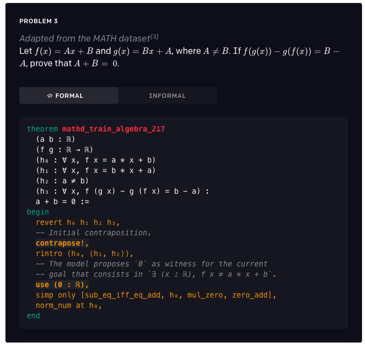 tunguz's tweet photo. More incredible work by OpenAI. They have built a neural theorem prover that can successfully solve many high-school Math Olympiad problems. The prover uses a language model to find proofs of formal statements. 
https://t.co/drVQQFWrgu

#NLP #ML #DL #AI https://t.co/3QyDVfFDMF