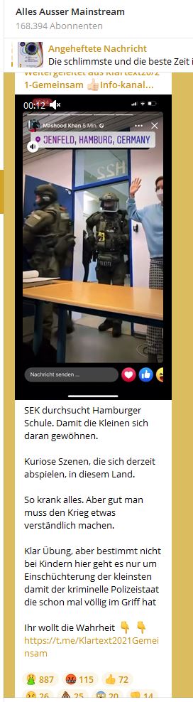 Alemanniel's tweet photo. In #Hamburg wird der Polizei gemeldet, es sei jemand mit einer Waffe in eine Schule eingedrungen. Die Polizei kommt ... was macht #Schiffmann daraus? Die Kinder sollen "daran gewöhnt" werden. Er bringt sogar noch ein Video, in dem er sagt, Lehrer seien keine Menschen. https://t.co/8A30g76xbd