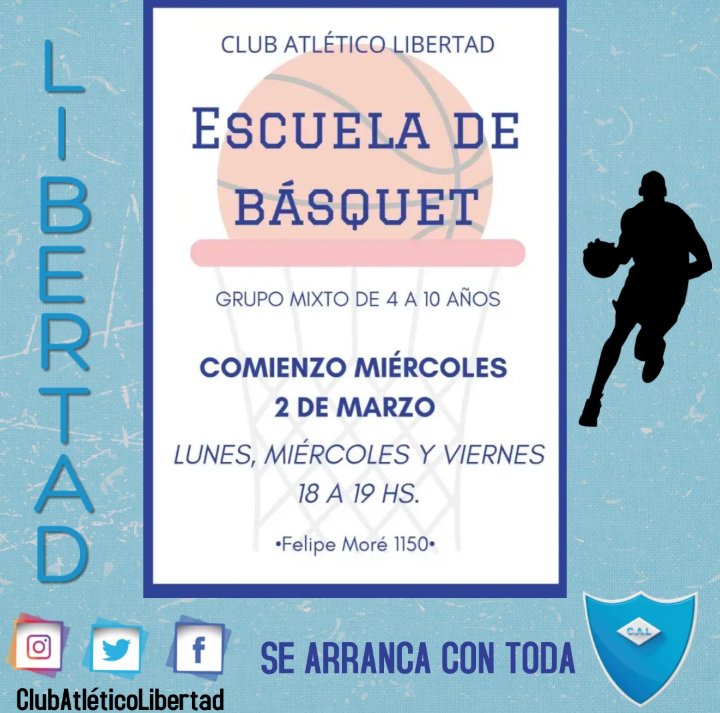 📢📢📢 ATENCIÓN 📢📢📢
👉🏽El miércoles 2 de marzo arranca la escuelita de básquet MIXTA🙋🏾‍♂️🙋🏻‍♀️
VOLVEMOS CON TODA, TE ESPERAMOS PARA DIVERTIRNOS!!! ⛹️‍♀️ 🏀⛹🏼‍♂️

#VamosLibertad
#101años 
#nohayunclubsinotroclub 
#basquet