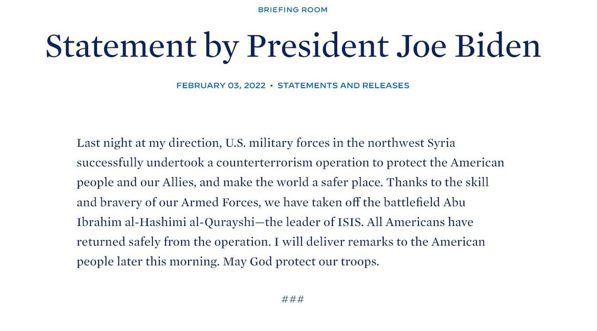 The US government has confirmed the killing of Islamic State leader Abu Ibrahim Alquraishy after a two-hour operation by the US troop in the northwestern Syria.