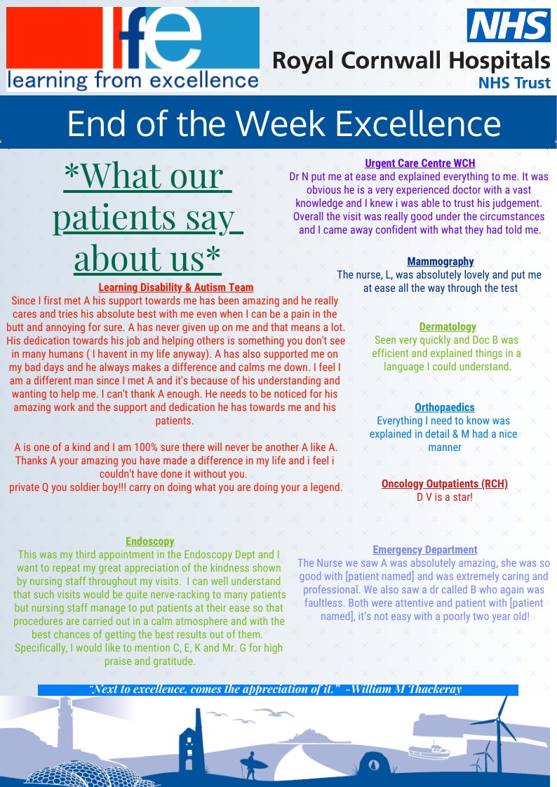 RCHT Clinical Effectiveness (@rchtclineffec) on Twitter photo End of the Week 'Excellence'
'Brilliant people performing 'Brilliant' care
To nominate a staff member go to:-
royalcornwall.nhs.uk/get-in-touch/
#BrilliantCare <a href="/RCHTCE/">Kate Shields</a> <a href="/RCHTWeCare/">Royal Cornwall Hospitals NHS Trust</a> <a href="/Redsnapperswail/">Berni</a> <a href="/kimvon_o/">Kim O'Keeffe - BEM</a> <a href="/TrewElizabeth/">Elizabeth Trew</a> <a href="/AllisterJGrant/">Allister Grant</a> <a href="/HQIP/">Healthcare Quality Improvement Partnership</a> <a href="/RCHTQIHub/">RCHT Quality Improvement Hub</a> @RCHTPtExp <a href="/CHealthLib/">Cornwall Health Lib</a> End of the Week 'Excellence'
'Brilliant people performing 'Brilliant' care
To nominate a staff member go to:-
royalcornwall.nhs.uk/get-in-touch/
#BrilliantCare <a href="/RCHTCE/">Kate Shields</a> <a href="/RCHTWeCare/">Royal Cornwall Hospitals NHS Trust</a> <a href="/Redsnapperswail/">Berni</a> <a href="/kimvon_o/">Kim O'Keeffe - BEM</a> <a href="/TrewElizabeth/">Elizabeth Trew</a> <a href="/AllisterJGrant/">Allister Grant</a> <a href="/HQIP/">Healthcare Quality Improvement Partnership</a> <a href="/RCHTQIHub/">RCHT Quality Improvement Hub</a> @RCHTPtExp <a href="/CHealthLib/">Cornwall Health Lib</a>