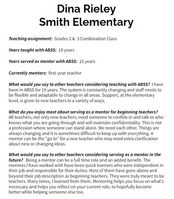 Thankful Thursday - Thankful for mentors such as Dina Rieley <a href="/Smith_Seabees/">Smith Elementary</a> - mentor with ABSS for 15 years. "Mentoring helps you focus on what's necessary and helps you reflect on your current role, to hopefully become better while helping someone else too." #ABSSNewTeachers
