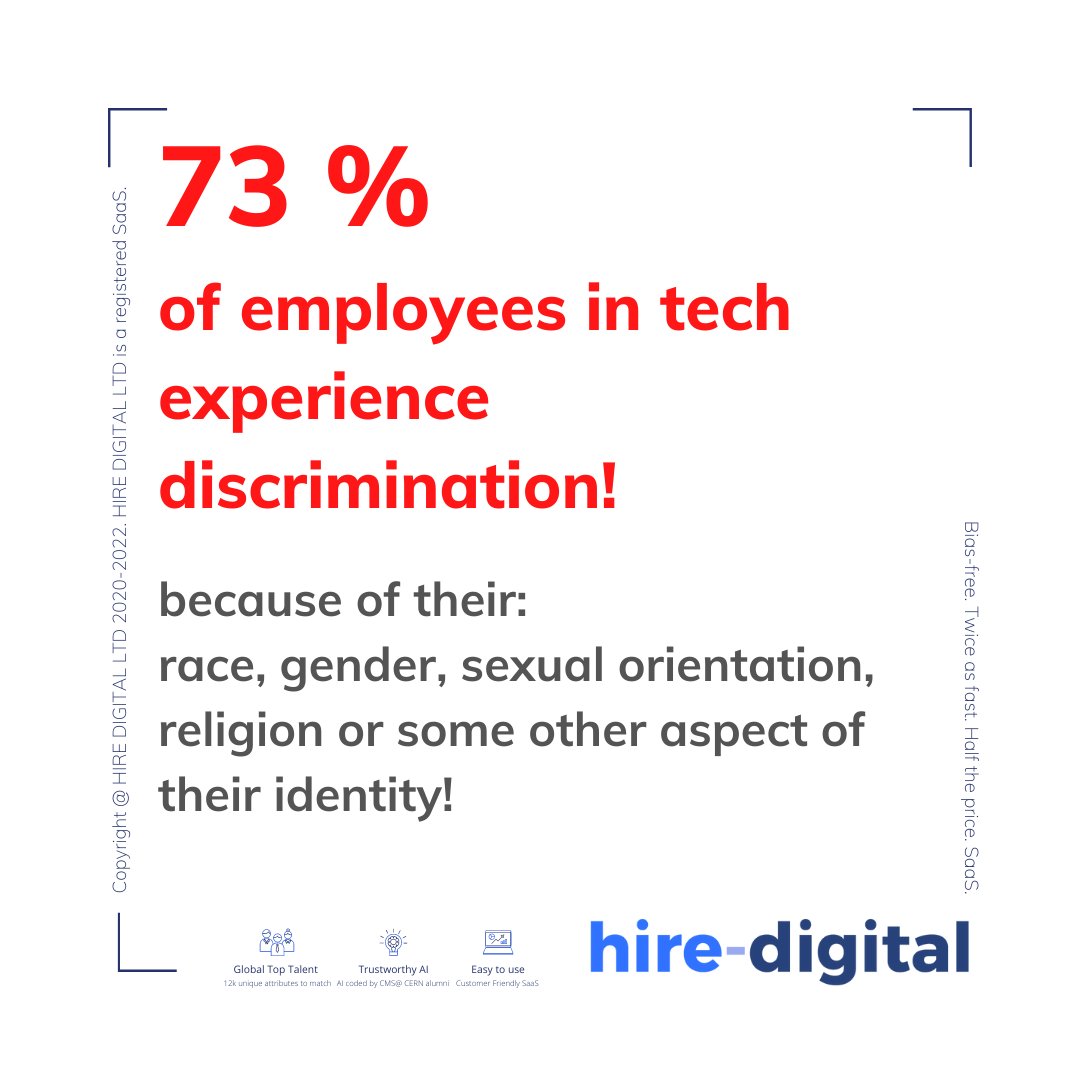 hire_digital_'s tweet image. 73% of employees in tech experience discrimination... Start over!

#change #DEI #stopsearching #inclusion #hiredigital