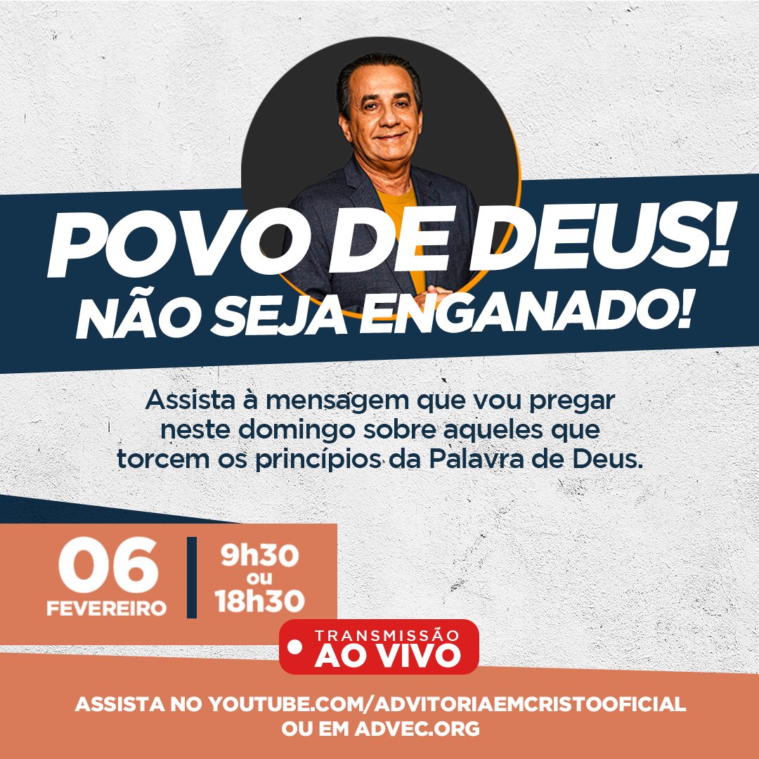 #Repost <a href="/silasmalafaia/">Silas Malafaia</a>

Não seja enganado por heresias e confusões teológicas! Assista à mensagem que eu vou pregar no domingo, dia 6, às 9h30 e às 18h30, no culto de Santa Ceia. 

Transmissão ao vivo em youtube.com/advitoriaemcri… ou advec.org

#igrejaevangelica