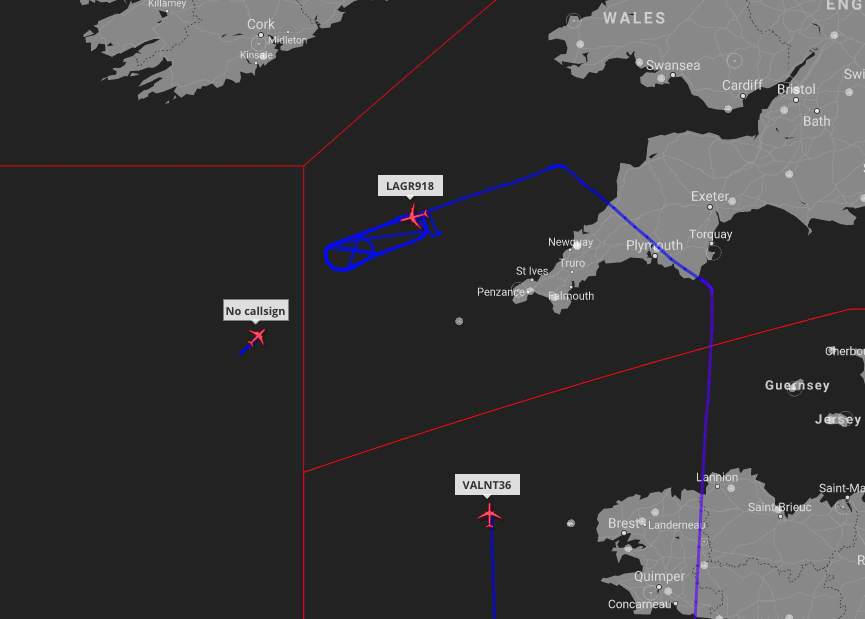TheSnoopySnoop's tweet photo. So, #RAF #P8A #Poseidon #ZP806 and French #VALNT36 #MRTT joining the party SW of the UK with #LAGR918 and #USNavy #P8A #AE684A https://t.co/fEqAtZRCh2