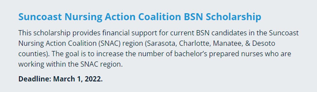 SPREAD THE WORD! Nursing BSN Scholarships for $2,500 available! via @SNAC4FL Information can be found on the Community Foundation of Sarasota County <a href="/CFSarasota/">Community Foundation of Sarasota County</a> website.  Register/login to apply: bit.ly/3HppIHz
