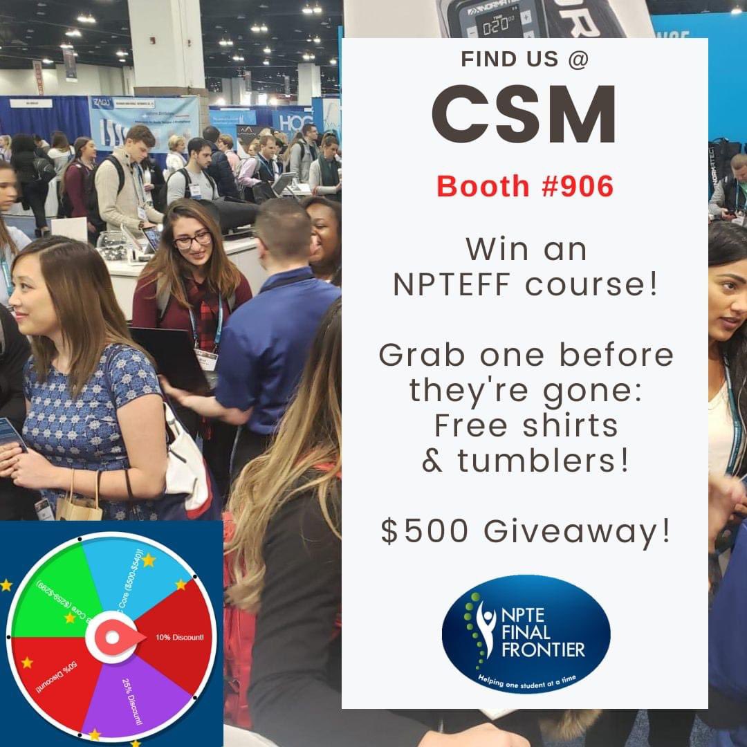 NPTE Final Frontier (@npteff) on Twitter photo Stop by see us at booth 906 at <a href="/APTAcsm/">#APTACSM</a>. Talk to the #NPTEFF team, get FREE stuff, SPIN TO WIN great discounts on our courses, & enter to win a $500 #Amazon gift card!
Bring your classmates & faculty members to discuss how <a href="/NPTEFF/">NPTE Final Frontier</a> will help you PASS the #NPTE!
#APTACSM #NPTEprep Stop by see us at booth 906 at <a href="/APTAcsm/">#APTACSM</a>. Talk to the #NPTEFF team, get FREE stuff, SPIN TO WIN great discounts on our courses, & enter to win a $500 #Amazon gift card!
Bring your classmates & faculty members to discuss how <a href="/NPTEFF/">NPTE Final Frontier</a> will help you PASS the #NPTE!
#APTACSM #NPTEprep