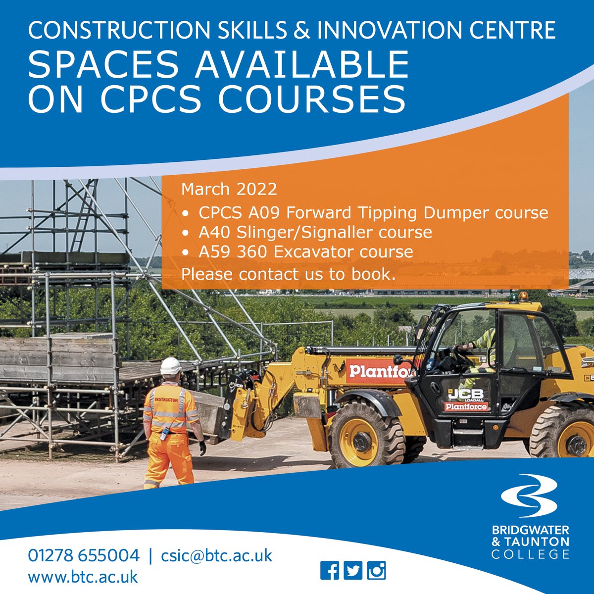 Spaces are available on CPCS courses at our Construction Skills and Innovation Centre

CPCS A09 Forward Tipping Dumper
8th-10th March

A40 Slinger/Signaller
4th-18th March

A59 360 Excavator
14th-21st March

Please contact us if you have any questions or to book.

#training #CPCS