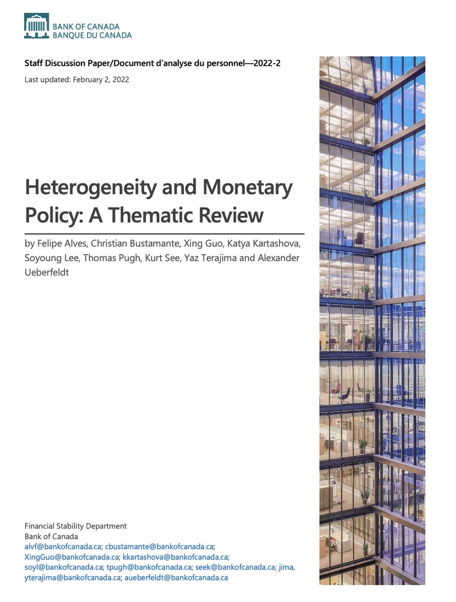 Nice overview paper on "Heterogeneity &amp; Monetary Policy" by <a href="/bankofcanada/">Bank of Canada</a> economists Alves, <a href="/cdbusta/">Christian Bustamante</a>
Guo, Kartashova, Lee, Pugh, See, Terajima &amp; Ueberfeldt

Particularly interesting: the Canadian micro data work assessing different transmission mechanisms

bankofcanada.ca/wp-content/upl…