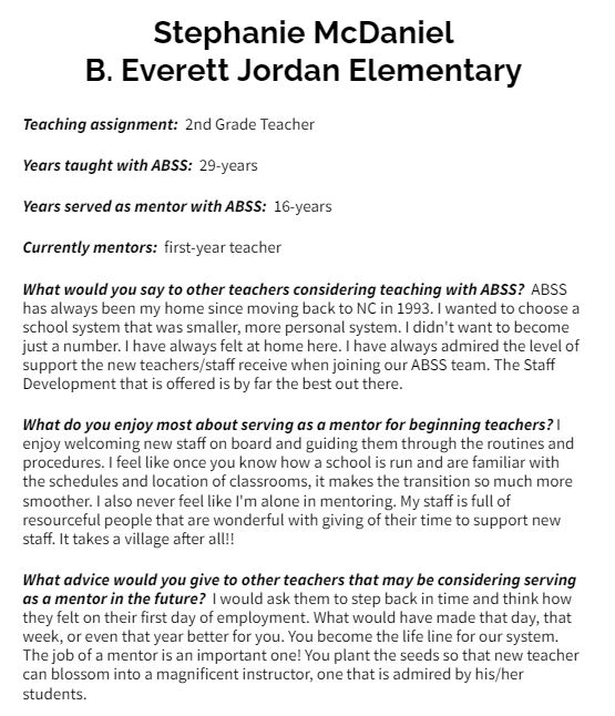Thankful Thursday - Thankful for Stephanie McDaniel <a href="/beverettjordan/">B.E. Jordan Elem</a> - mentor 16 of her 29 years with ABSS. "I also never feel like I'm alone in mentoring. My staff is full of resourceful people that are wonderful with giving of their time to support new staff."  #ABSSNewTeachers