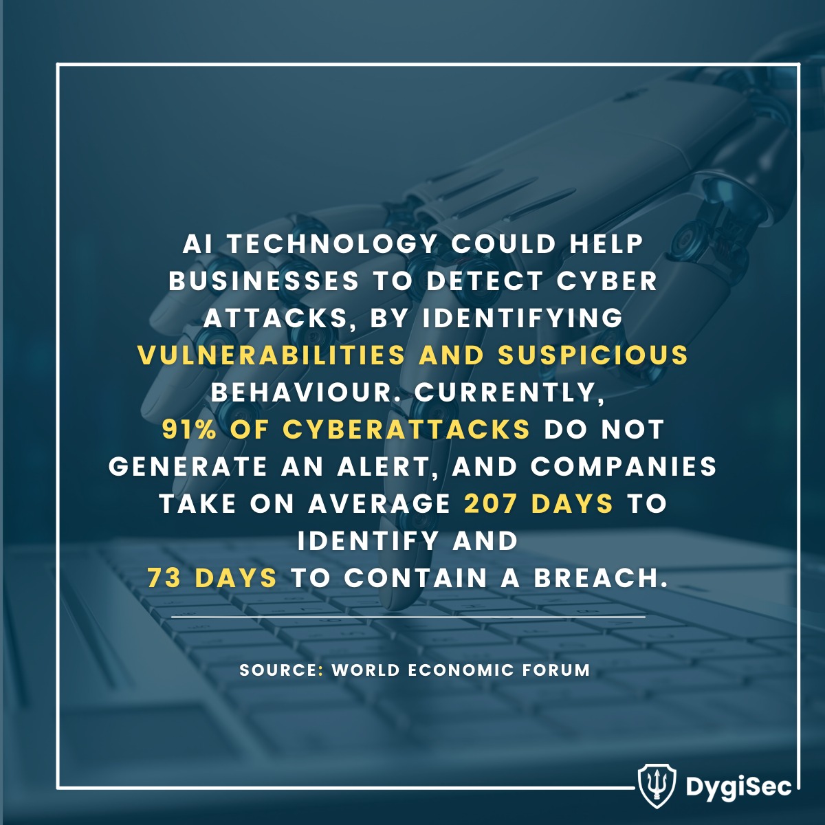 DygiSec's tweet photo. According to @wef, AI technology can help businesses in detecting cyber attacks, by identifying vulnerabilities and suspicious behaviour. #DygiSec #cybersecurity #cyberattacks #ai #infosec #cloudcompliance https://t.co/8bNtkiogE0