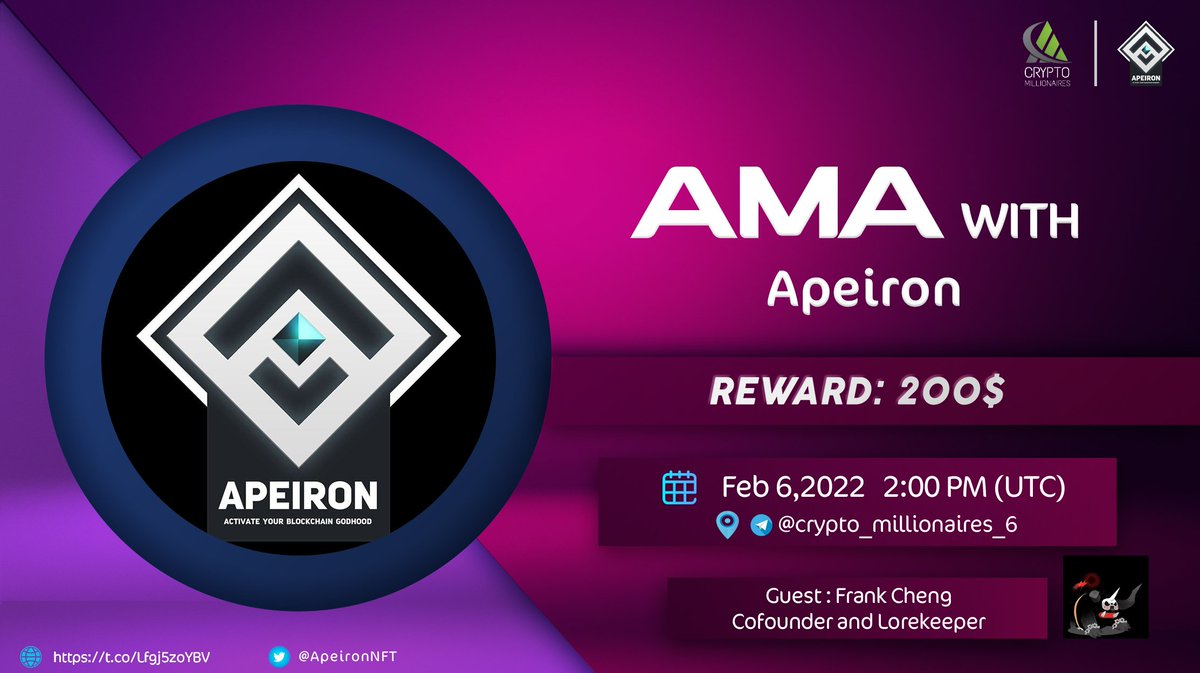 Crypto Millionaires will host  #AMA with Apeiron on February 6, 2021 AT 2PM UTC

💰Rewards Pool: $200 USDT

🏠Venue : t.me/CRYPTO_MILLION…

Rules:
1⃣Follow <a href="/Crypto_Million1/">城狼</a> &amp; <a href="/ApeironNFT/">Apeiron</a>
2⃣Like &amp; Retweet
3⃣Comment Questions &amp; Tag 3 Friends