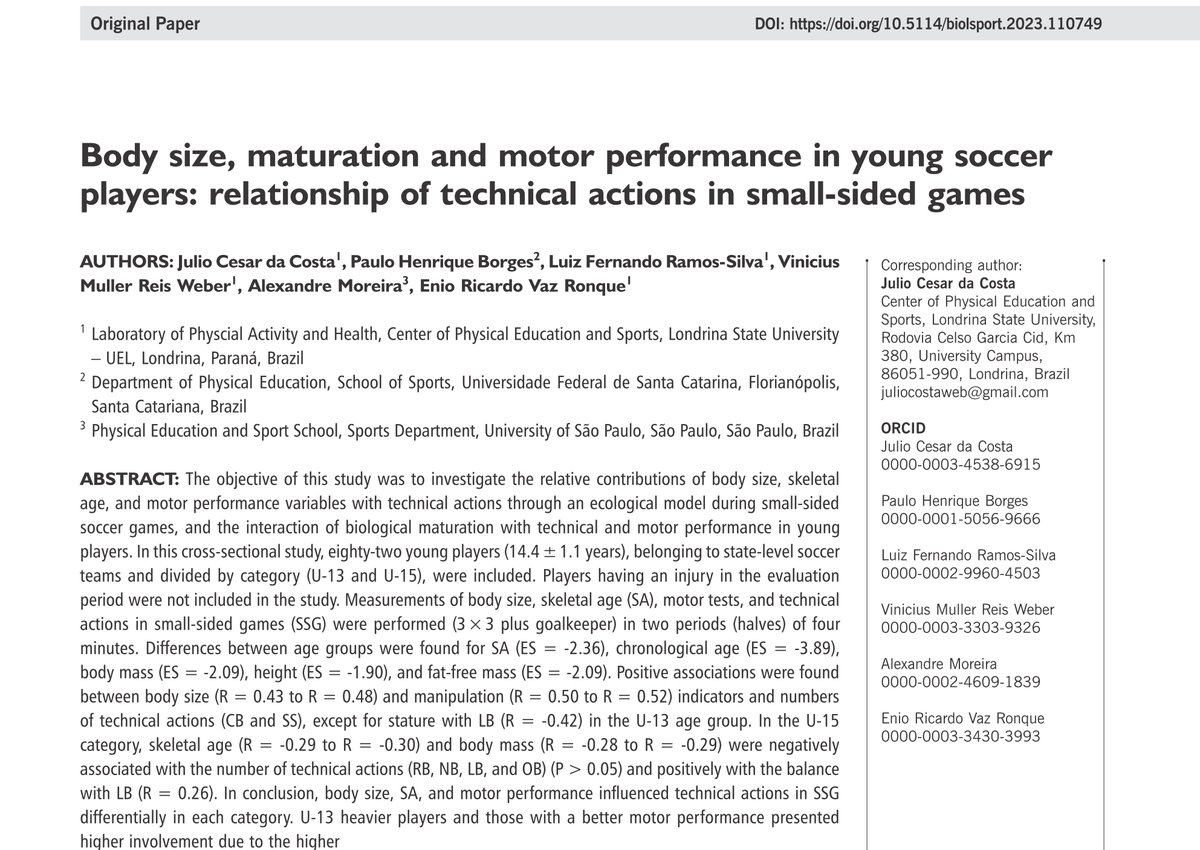 BiolSport's tweet photo. 📰Body size, maturation and motor performance in young #soccer players: relationship to technical actions in small-sided games (#SSG)
✍️da Costa J, Borges P, Ramos-Silva L, Muller Reis Weber V, Moreira A, Vaz Ronque E. 🇧🇷
OpenAccess🔓🔗https://t.co/9TdKeNJNeh

@usponline @UFSC https://t.co/Jlg56IMmUv