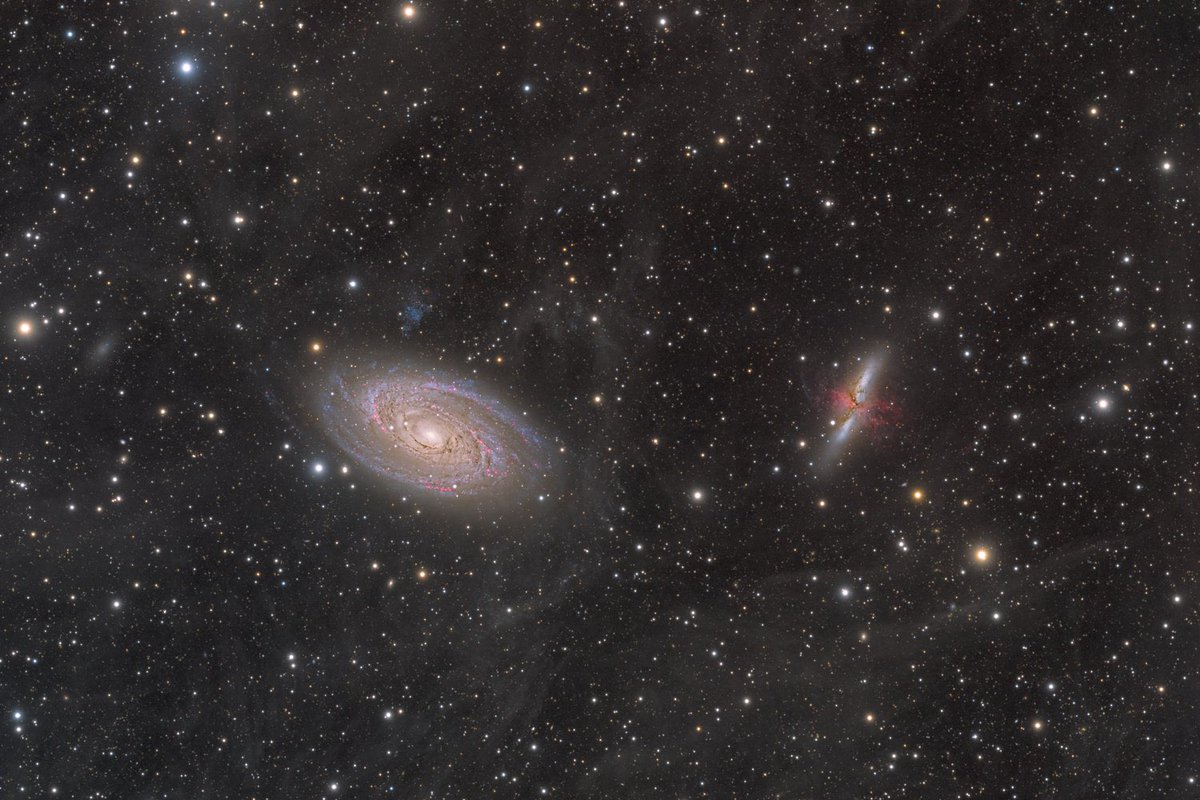 Bode's Galaxy, the Cigar Galaxy, and the Integrated Flux Nebula January 6 - January 28 2022 Rowe, NM 305mm Riccardi-Honders @ f/3.8 AP1100 GTO AE Mount, Unguided QHY600PH monochrome @-20*CChroma 50mm x 50mm filtersHaLRGB66.3 hours total integration time

 Copyright: Jared Willson