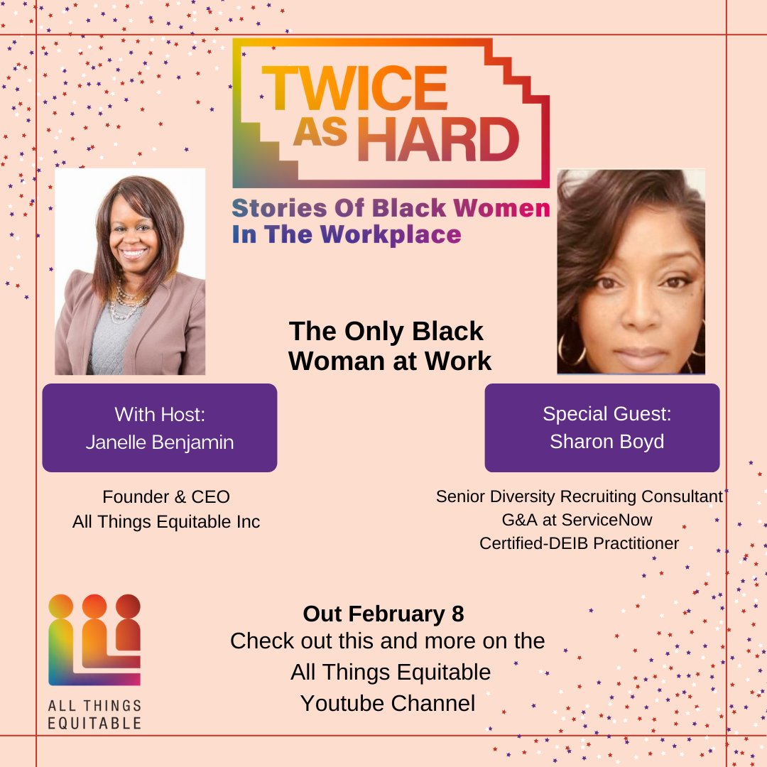 JB_Equitable's tweet photo. This Tuesday I get to talk with Equity, Justice and Equality Advocate Sharon Boyd. We discuss being the only black women at work and the realities of pay gaps black women face. Out February 8 on the All Things Equitable Youtube channel.
#allthingsequitable #twiceashard #DEI https://t.co/3wpCaZ0qjc