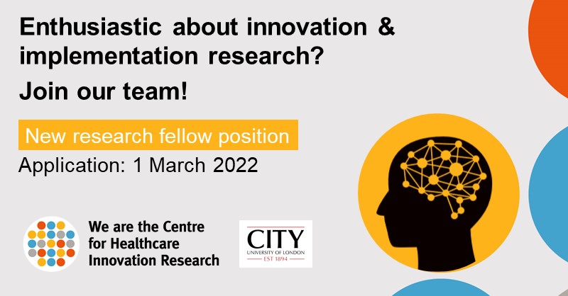 Centre for Healthcare Innovation Research (@chir_city) on Twitter photo Are you enthusiastic about #healthcare #innovation and #implementation #research?
We are looking for a #postdoctoral research fellow to join our team.
👉Apply by 1 March 2022!
More info & application: bit.ly/3gnKb3Y
#impsci #phdchat #academicjobs <a href="/BayesBSchool/">Bayes Business School</a> Are you enthusiastic about #healthcare #innovation and #implementation #research?
We are looking for a #postdoctoral research fellow to join our team.
👉Apply by 1 March 2022!
More info & application: bit.ly/3gnKb3Y
#impsci #phdchat #academicjobs <a href="/BayesBSchool/">Bayes Business School</a>