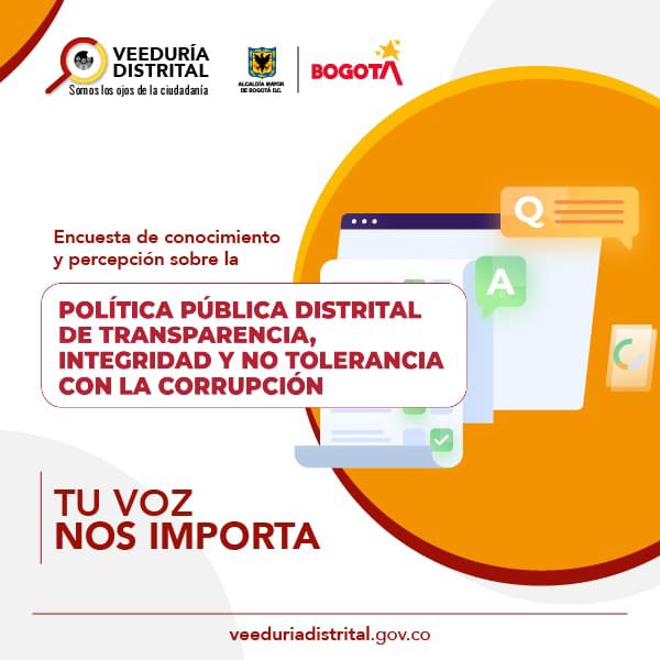 VeeduriaBogota's tweet photo. 🟡 La @VeeduriaBogota sigue impulsando la Política de Transparencia, que busca prevenir y mitigar el impacto negativo de posibles prácticas corruptas en el sector público, privado y en la ciudadanía.

Participa, cuéntanos tus aportes en esta encuesta 🔽

https://t.co/JgyVyapzit… https://t.co/dTPAZ83Ha9