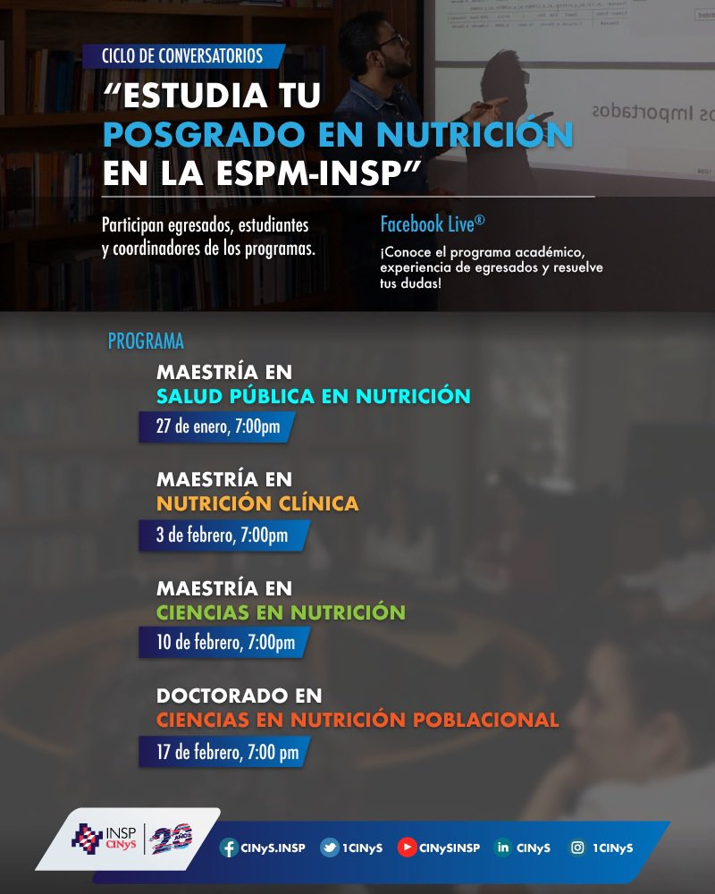 1CINyS's tweet photo. ¿Estás interesado en estudiar la Maestría en Nutrición Clínica? Acompáñanos en nuestro conversatorio de HOY para que escuches el testimonio de estudiantes y egresados.
📹 Transmisión en nuestro #FacebookLive
#OrgulloCINyS #OrgulloESPM #webinar https://t.co/duH8l65Eng