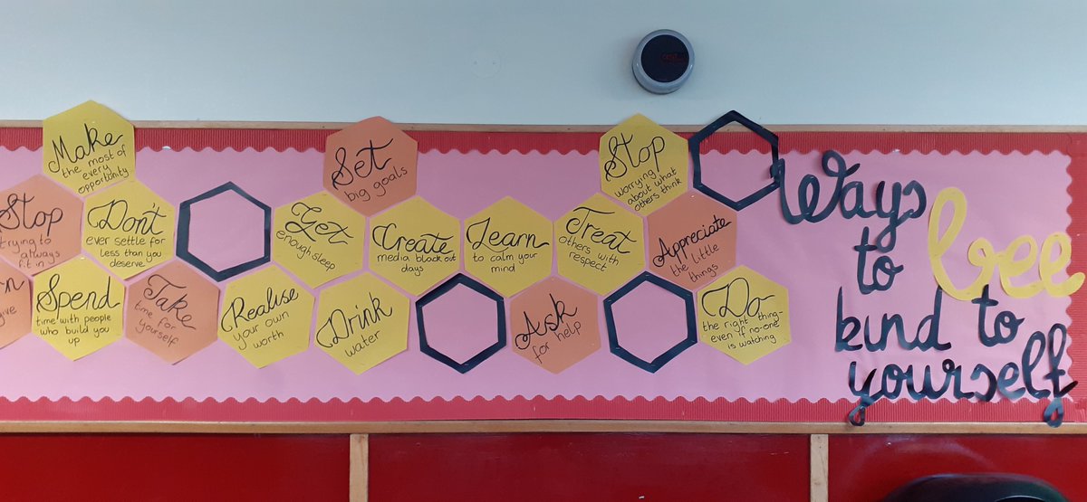 BrochEnglish's tweet photo. Buzzing (see what we did there?) about our new honeycomb-inspired corridor display reminding pupils and staff to 'Bee Kind' to themselves! #usekind #mentalhealth https://t.co/UEDAsKVv4D