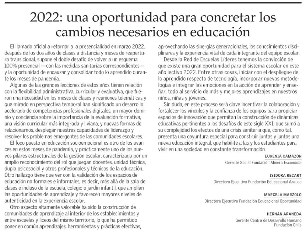 IsidoraRecart's tweet photo. Comparto columna de la Red de escuelas líderes, donde rescatamos aprendizajes relevantes a mantener en el importante regreso a la presencialidad.
La colaboración entre pares, escuelas y sostenedores y la integración de lo socioemocional con el aprendizaje son 2 de ellos! https://t.co/iIrnU8Utrv