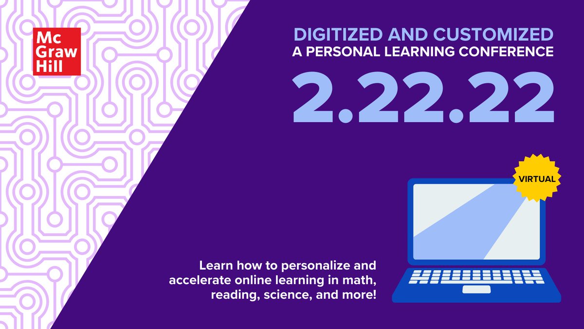 Meduc123's tweet image. Join us for a free virtual event all about personalized learning! Learn about our speakers and register today! mhed.us/digitized #EdChat #EdTech #PLChat @McGrawHillK12