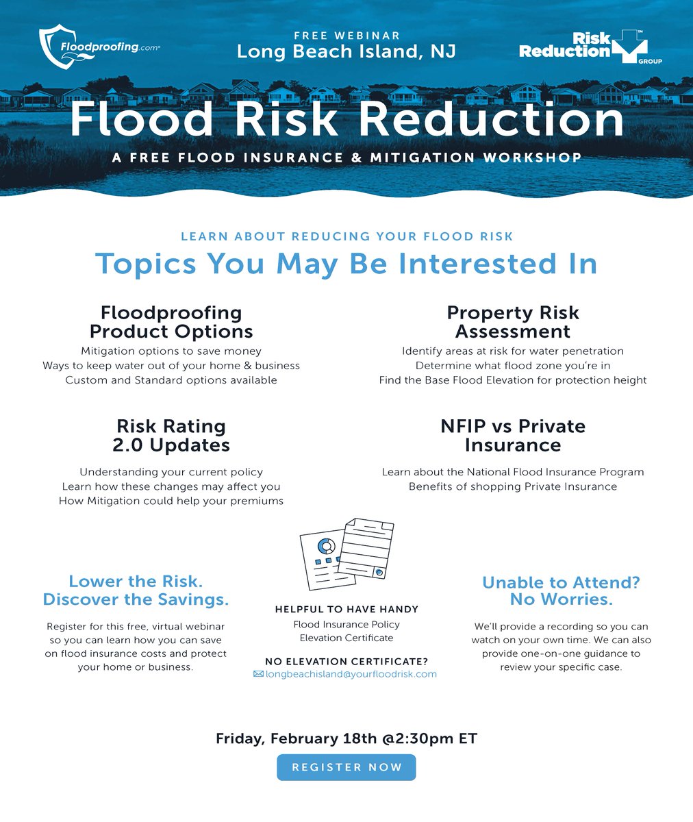 A free webinar on Risk Reduction for Flood Insurance is scheduled for February 18th at 2:30pm. The link to register is: ow.ly/QAzE50HJiLS