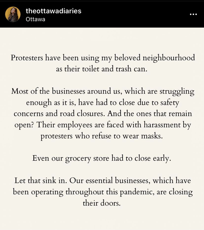 JS_Bui's tweet photo. Quand le pire de ce qu’il y a dans la société prend ta ville en otage.

Quand les pseudo-chantres de la libârté suspendent la liberté de leurs concitoyens.

Touchant témoignage d’une résidente d’#Ottawa sur #Instagram.

#COVID19 #flutruxclan #polcan #cdnpoli #polqc https://t.co/UOdx7I7dag