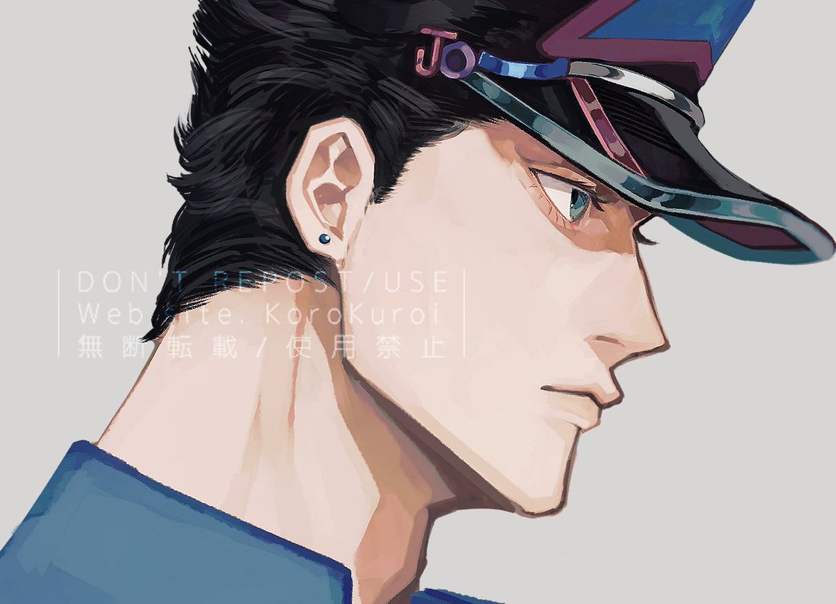 kujo jotaro 1boy male focus solo hat black hair earrings stud earrings  illustration images