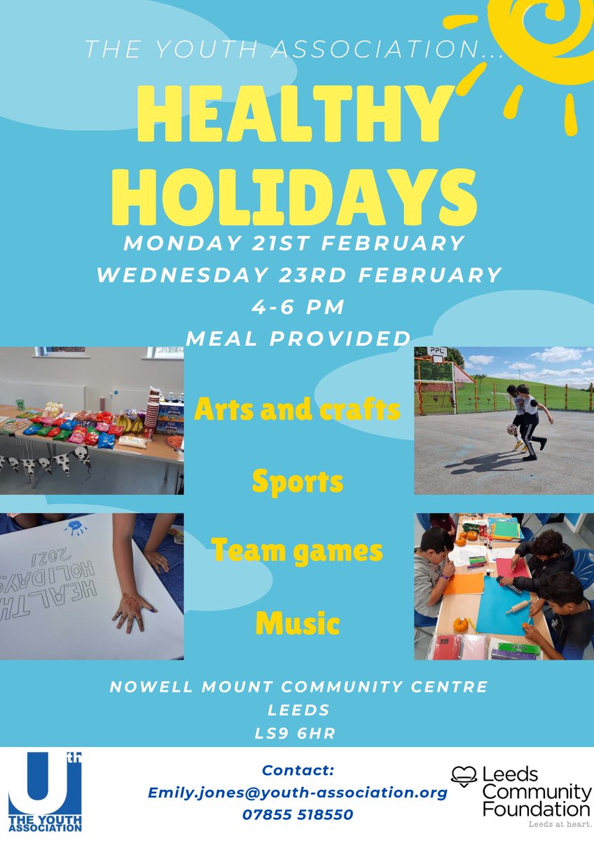 It's back! This February Half term, we are going to be at Nowell Mount Community Centre, delivering sports, arts and crafts and team building activities ⛹️‍♀️🤸 

We can't wait to see you there 🥳

<a href="/LeedsCommFound/">Leeds Community Foundation</a> <a href="/YouthServiceENE/">Leeds Youth Service (East North East)</a> <a href="/GroupNowell/">Nowell Mount Community Group</a>